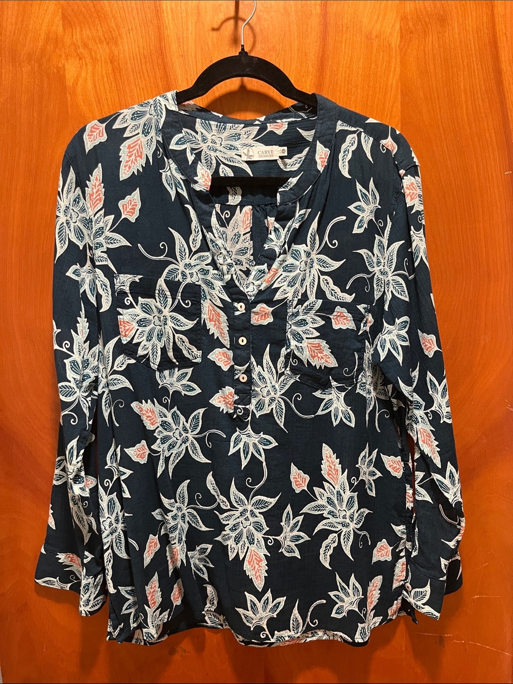 Carve Designs Navy Floral Button-Front Henley